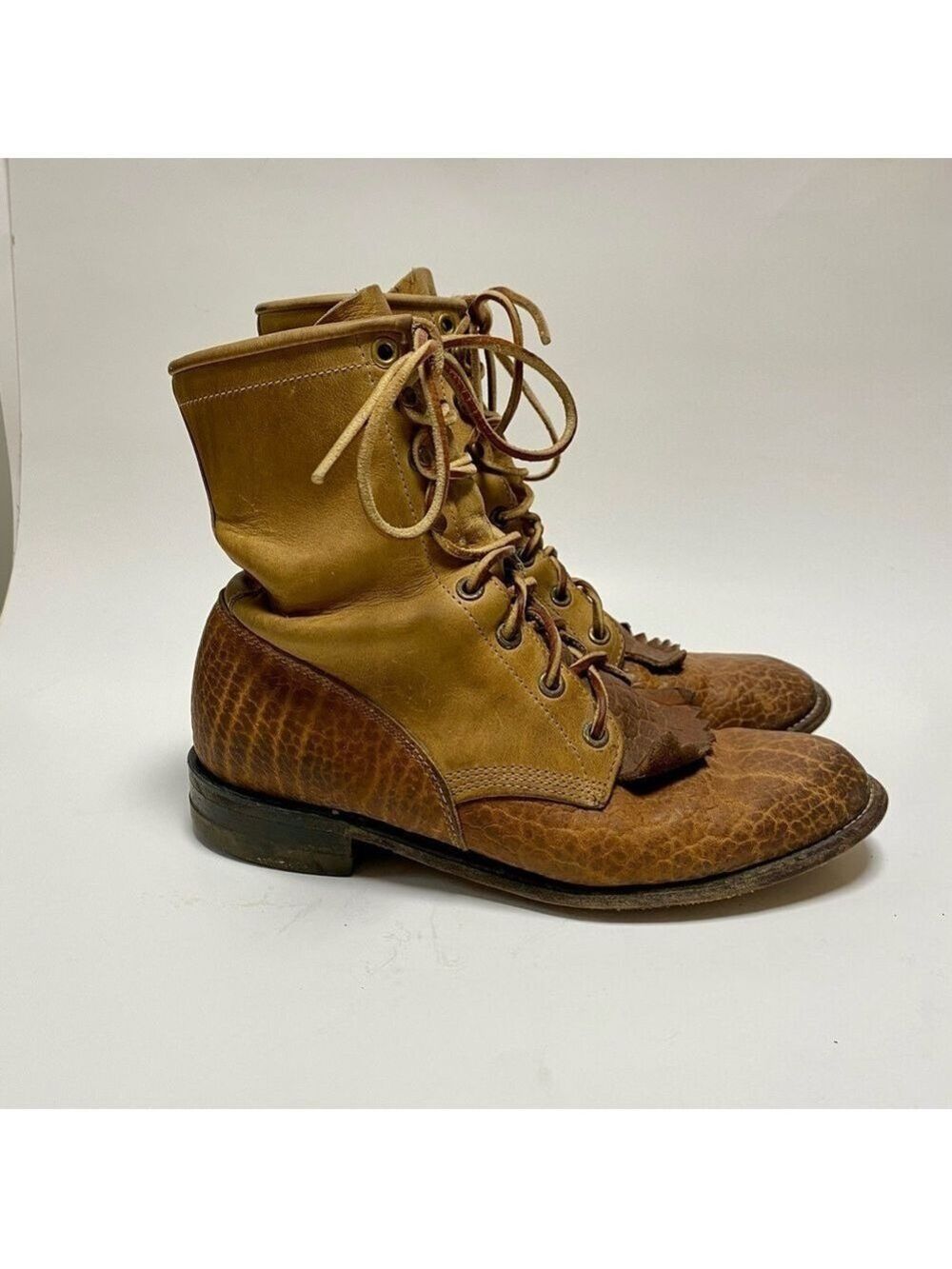Justin Roper Cowboy Boots Womens size 6.5 C Brown Lace up Kiltie Boots